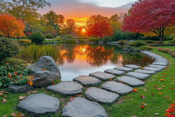 Wall Mural - A beautiful garden with a pond and a path