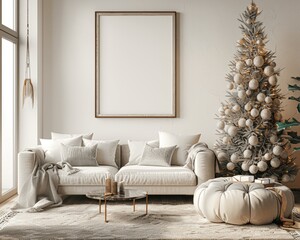 modern living room with white christmas tree and poster mockup