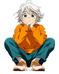 Poster - thoughtful anime character with silver hair sits cross legged, wearing orange sweater and teal pants, expressing curiosity and contemplation. png transparent background