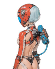 Poster - futuristic female character in cyberpunk style, featuring sleek design with red helmet and blue accents. character showcases blend of technology and artistry, png transparent background