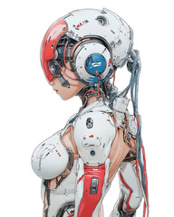 Poster - futuristic female character with sleek robotic design, featuring intricate details and striking color palette. characters profile showcases advanced technology. png transparent background