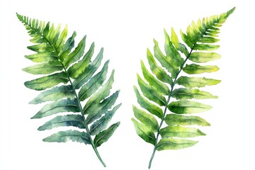 Wall Mural - watercolor illustration of two green fern leaves isolated on white background. (1)