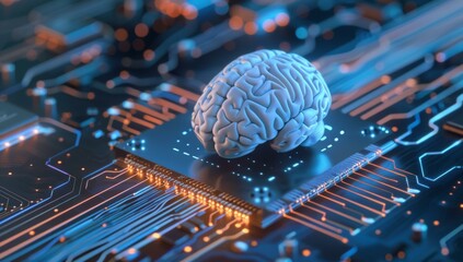 Poster - A computer chip with a brain on top of it. AI.