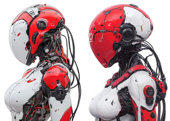 Aufkleber - futuristic cyberpunk female character with sleek design, featuring red and white color scheme. character showcases advanced robotic features and intricate detailing, png transparent background