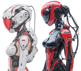 Poster - futuristic cyberpunk female character design showcasing intricate robotic features and sleek, modern aesthetic. character is depicted in side profile, png transparent background