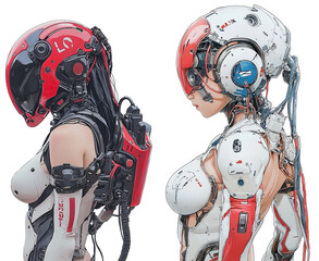 Poster - Futuristic cyberpunk female characters in sleek robotic designs, showcasing advanced technology and vibrant colors.  blend of human and machine. png transparent background