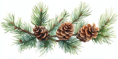 watercolor illustration of pine tree branch with three pine cones.