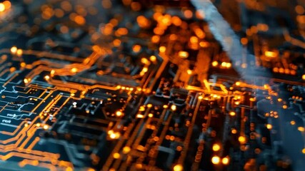 Aufkleber - Close Up of Circuit Board with Glowing Orange Lights Exploring Intricate Patterns, Connections, and Innovations in Technology and Electronics