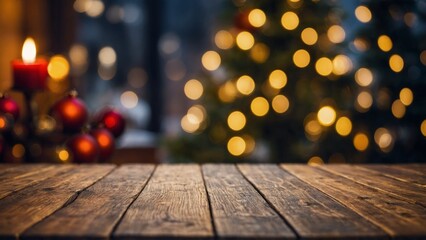 Wall Mural - rustic wood boards mockup surface with christmas ornaments, candle, and bokeh lights background