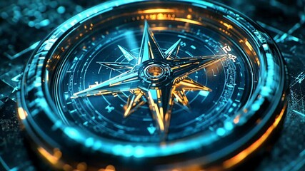 Wall Mural - a close-up of a compass with a gold needle pointing north, set against a backdrop of blue and orange