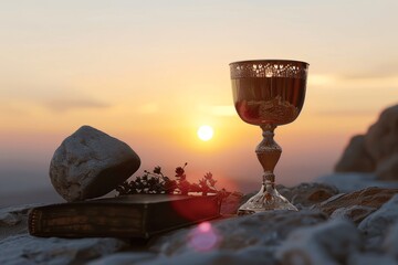 Holy Communion with Bread and Wine on Table, Bible, Chalice, and Sunset Light Symbolizing Jesus Christ's Sacrifice and Resurrection During Lent Passion Week