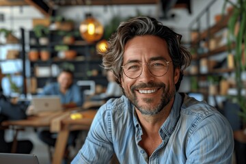 Smiling man wearing glasses working on laptop in modern office with team at table