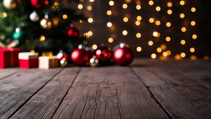 Wall Mural - rustic wood plank board surface with decorations and christmas bokeh lights mockup background