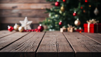 Wall Mural - rustic wood plank board surface with decorated christmas tree mockup background