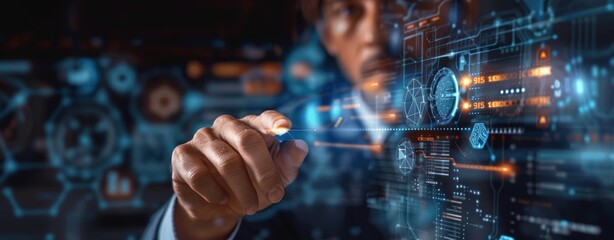 Aufkleber - Businessman Using Hologram Technology With AI Machine Learning and Data Science on Virtual Screen In High Resolution Photography With HDR Effect