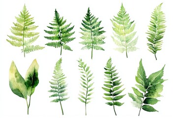 Wall Mural - watercolor illustration of green fern leaves isolated on white background.