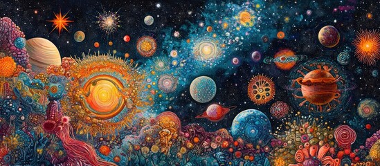 an abstract art illustration of a colorful universe filled with bright stars and planets in a dark b