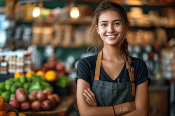 Smiling young female worker standing with arms crossed at an organic grocery store, happy saleswoman, cashier serving customers