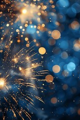 Poster - New Year Celebration with Fireworks Bokeh Lights in Blue and Gold