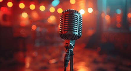 Vintage Chrome Microphone on Stage with Blurred Nightclub Background and Bokeh Lights