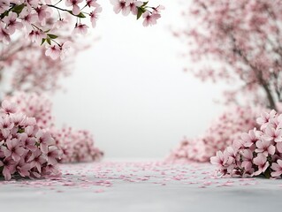 A serene scene featuring pink cherry blossoms, creating a tranquil atmosphere with petals scattered on the ground.