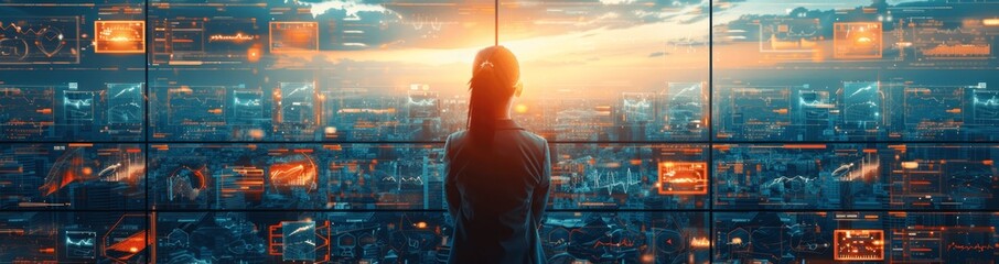 Aufkleber - Business Team Digital Project, Global Network Connection, Corporate Office, Data Exchange, Teamwork, HR, Modern Cityscape, Professional, Tech Elements, Holographic Interface