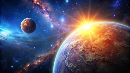 Wall Mural - a cosmic dawn illuminates a distant world, with a glowing star and distant planets amidst a tapestry
