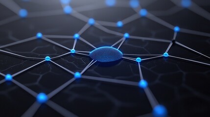 Poster - Abstract network design with glowing blue nodes and connections on a dark background.
