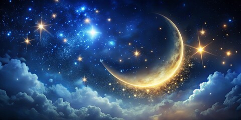 Wall Mural - a crescent moon, adorned with twinkling stars, illuminates the night sky, casting a celestial glow u