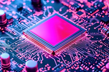 Poster - Close-up of a vibrant microprocessor on a circuit board with intricate electronic connections.