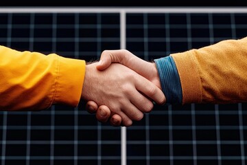 Close-up of two hands shaking, symbolizing agreement and partnership, with a solar panel background.