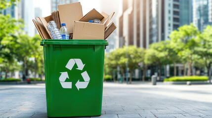 Green recycling bin filled with cardboard and plastic bottles in an urban city setting.