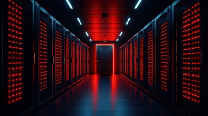 Poster - Data center corridor with illuminated servers and red lighting, modern technology environment.