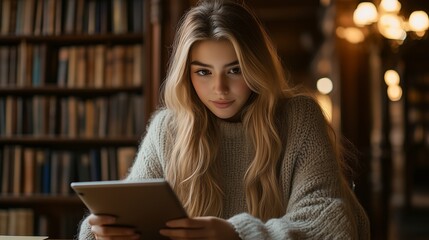 Wall Mural - A young woman is sitting at a table reading on a tablet device in the library of an old university building