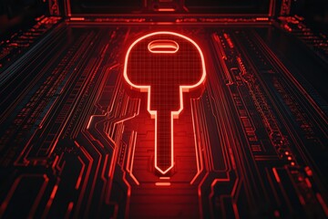 Poster - Digital key symbol on a circuit board in vibrant red hue, representing security and technology.