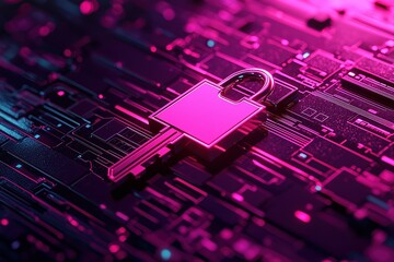 Poster - Digital lock symbolizing cybersecurity on a vibrant circuit board background.