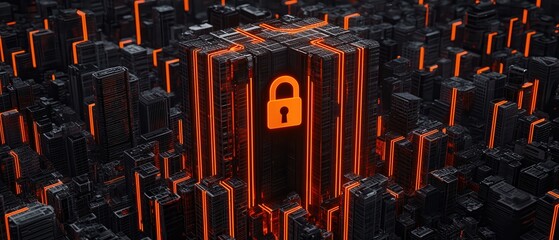 Poster - Futuristic cityscape with secure server center highlighted by orange light and lock symbol.