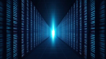 Poster - Futuristic data center corridor with glowing light, showcasing modern technology and infrastructure.