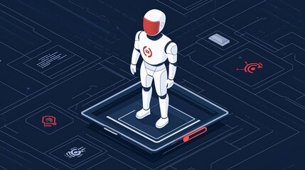Poster - Futuristic robot on a digital platform with technology interfaces in the background.