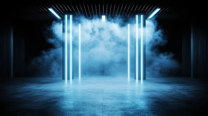 Futuristic scene with blue light beams and smoke on dark floor, creating a dramatic, atmospheric background.