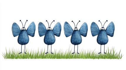 Four cartoon blue butterflies with big eyes standing in a row on a green grass isolated on a white background.