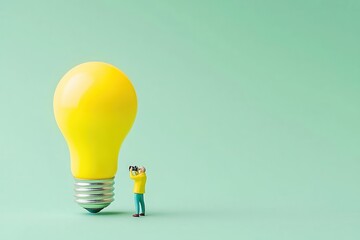 Miniature person photographing a large light bulb on a green background, symbolizing innovation and creativity.