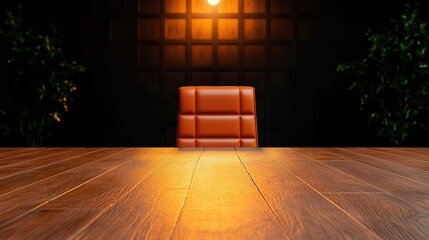 Wall Mural - Modern office scene featuring a stylish orange chair and a wooden table under warm lighting.