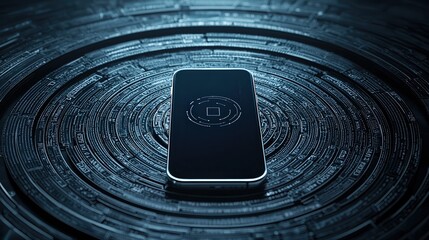 Poster - Smartphone displaying digital interface on a futuristic circuit background.