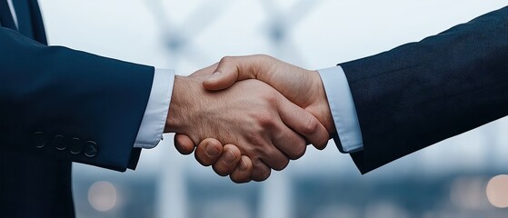 Two business professionals shaking hands in agreement against a blurred background.