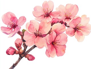 Wall Mural - a delicate branch of pink cherry blossoms with buds and leaves, painted in a watercolor style agains
