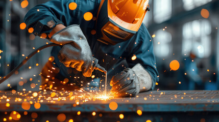 welder creates bright sparks while working, showcasing intense focus and skill involved in metal fabrication. vibrant sparks fly like fireworks, illuminating workspace