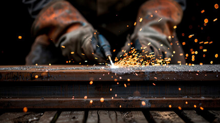 Bright sparks light up workshop as welder works on metal, showcasing intensity and skill involved in metal fabrication. scene captures dynamic energy of welding