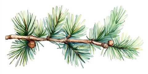 watercolor painting of a pine tree branch with green needles and two brown cones.
