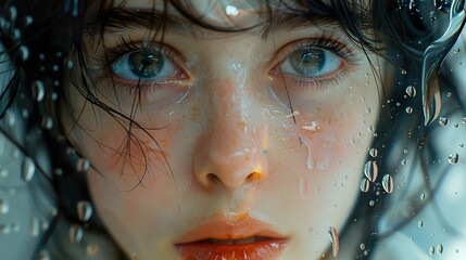 Close-up Portrait of a Woman with Water Drops on Her Face